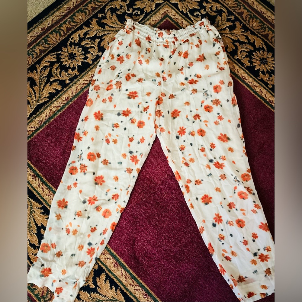 White Floral Wide-Leg Pants - Orange-Pink Floral Print